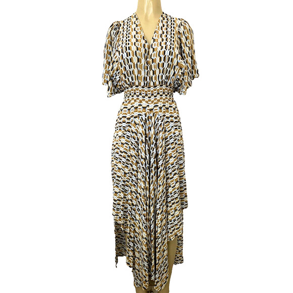 MAJE Rachelli Shirred Printed Crepe De Chine Midi Dress Light Blue Beige… - Picture 5 of 11